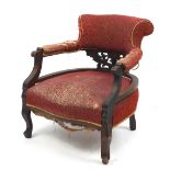 19th century carved oak elbow chair with red and gold upholstery, 75cm high