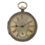 Victorian gentlemen's silver open face pocket watch with ornate silvered dial, the fusee movement
