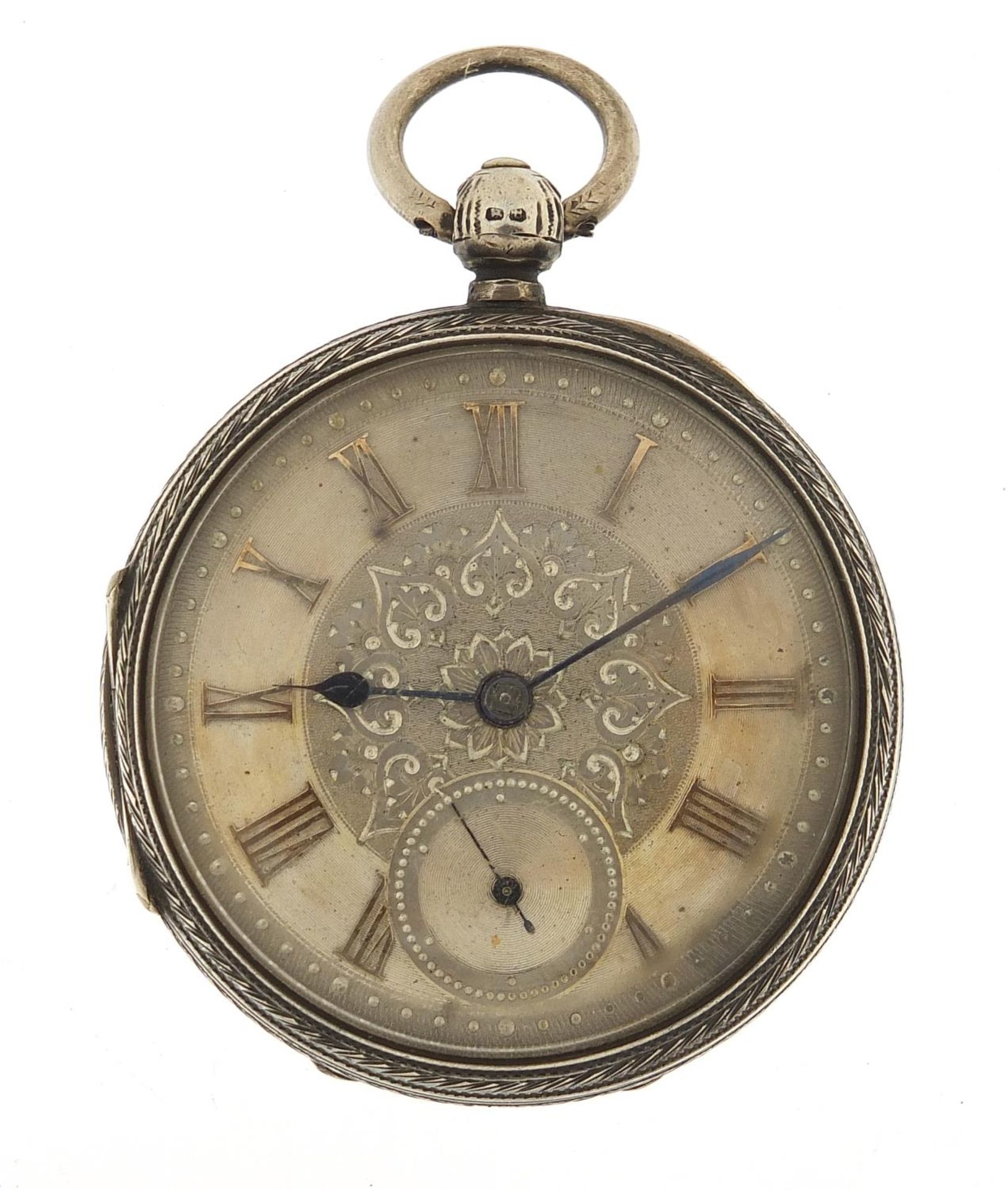 Victorian gentlemen's silver open face pocket watch with ornate silvered dial, the fusee movement