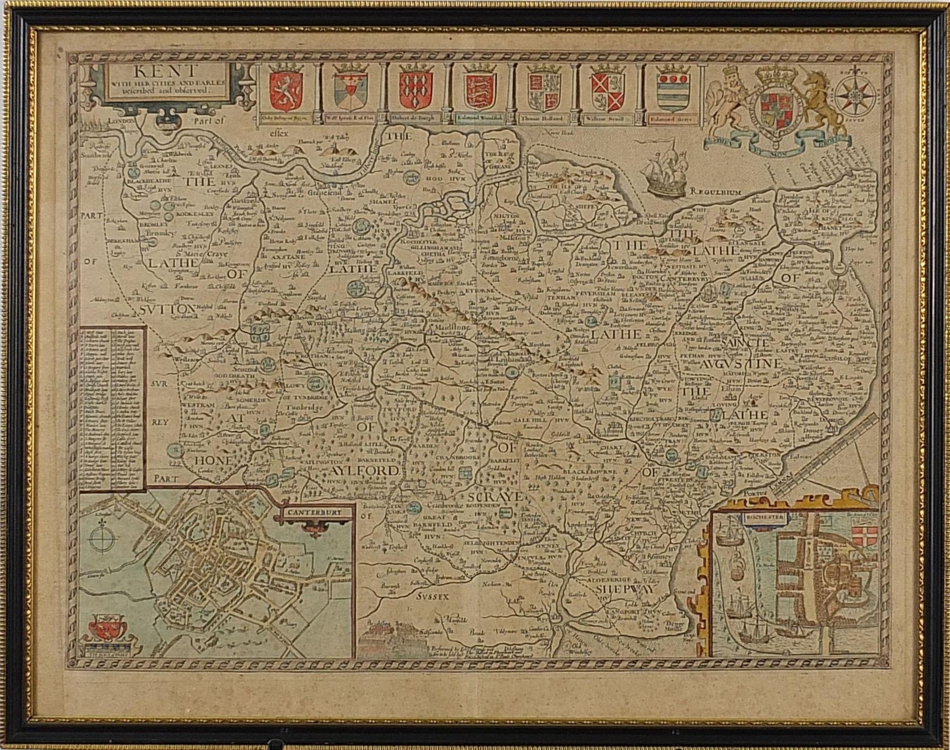 John Speed, Antique hand coloured map of Kent, framed and glazed, 53.5cm x 41.5cm excluding the - Image 2 of 6