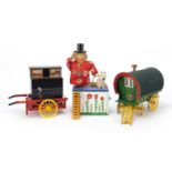 Three motorised scratch built light up wooden models comprising Gypsy wagon, pedlars cart and a