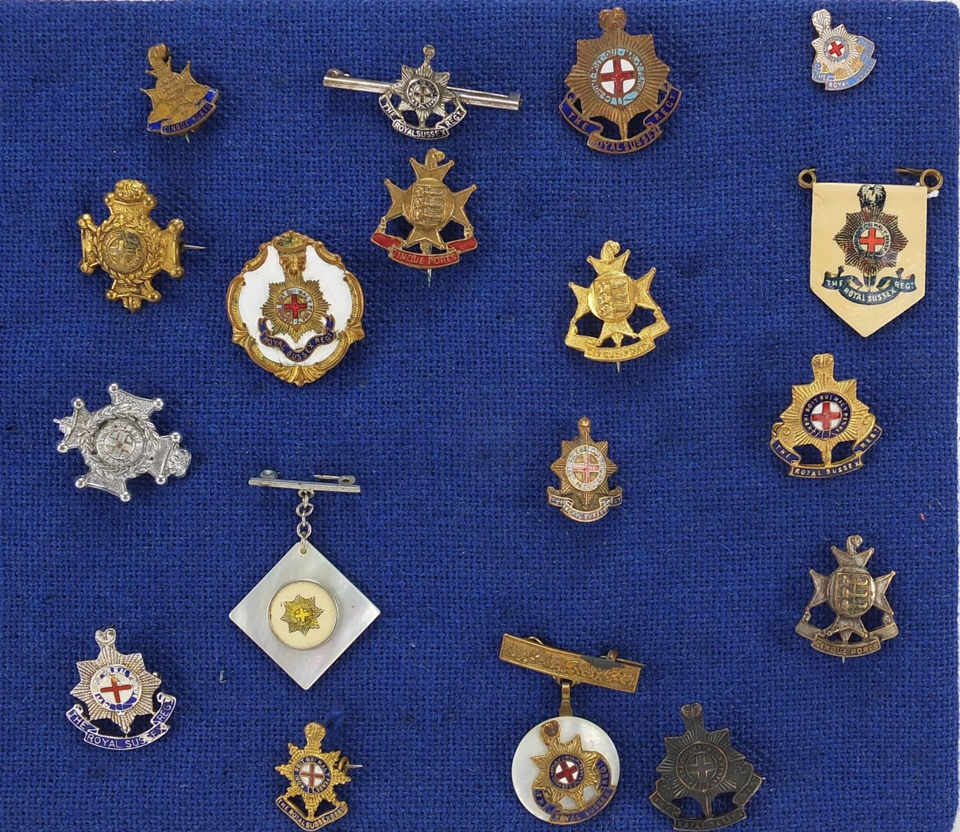 Twenty British military badges including Royal Sussex and Cinq Ports brooches including enamel and - Image 2 of 7