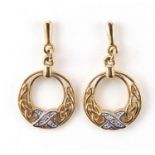 Pair of 9ct gold diamond drop earrings, 2.2cm high, 2.1g