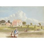 Figures before a country house and landscape, watercolour, mounted, framed and glazed, 33cm x 24cm