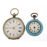 Two ladies silver open pocket watches including one with blue guilloche enamel case, 37mm and 28mm