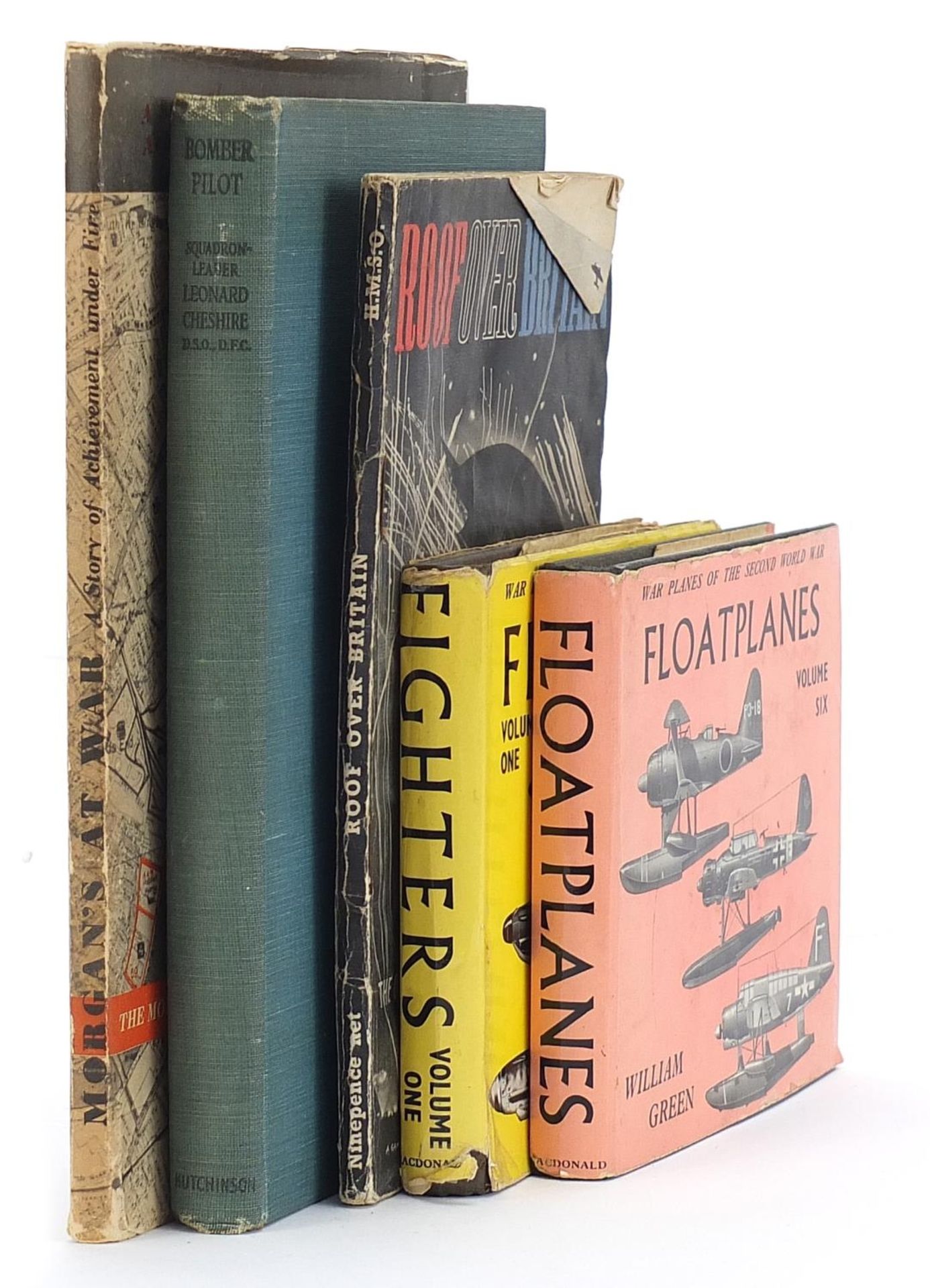 Five military interest books including Roof Over Britain, Bomber Pilot and Morgans at War