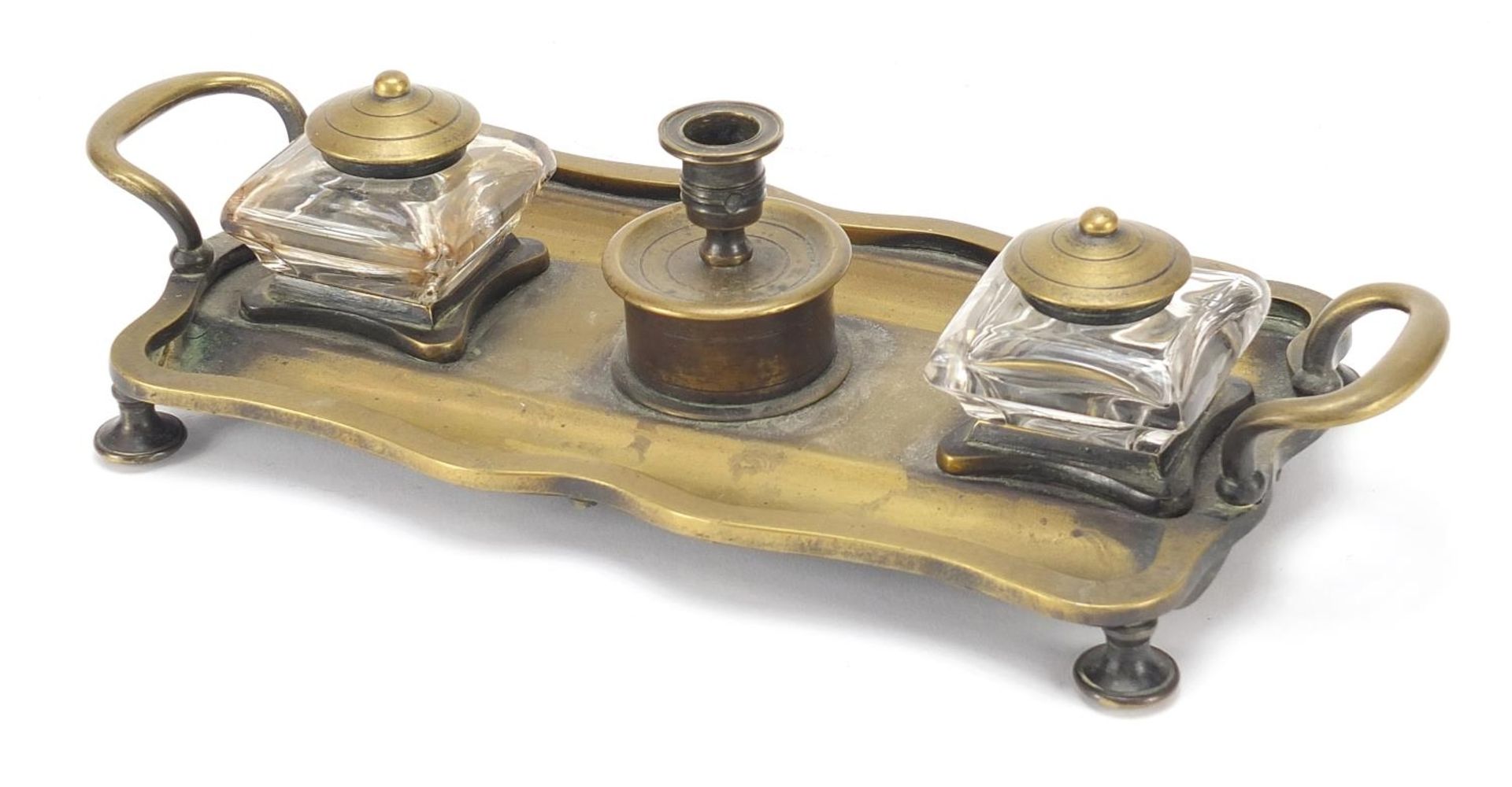 Victorian brass desk stand having two glass inkwells with brass tops, 27cm wide - Image 2 of 3