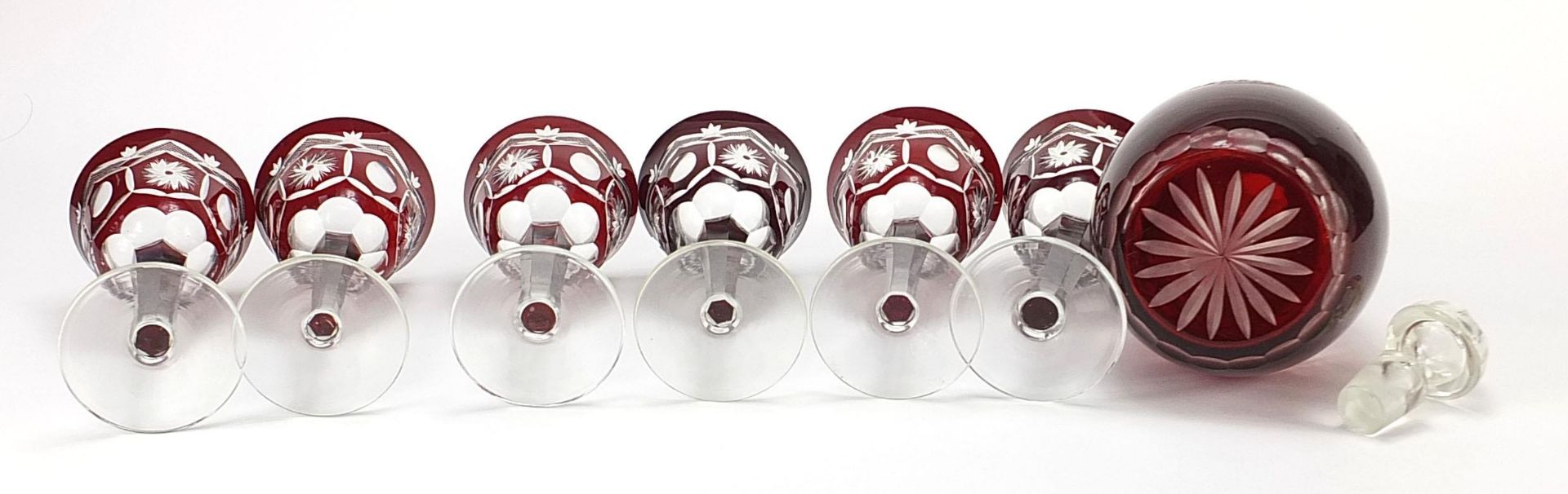 Set of six Bohemian ruby flashed cut glasses and a decanter, the largest 29.5cm high - Image 6 of 6