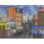 Parisian street scene with figures, pastel, indistinctly inscribed, mounted, framed and glazed, 63cm