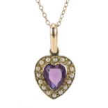 9ct gold amethyst and seed pearl love heart pendant on a 9ct gold necklace, 2.2cm high and 40cm in