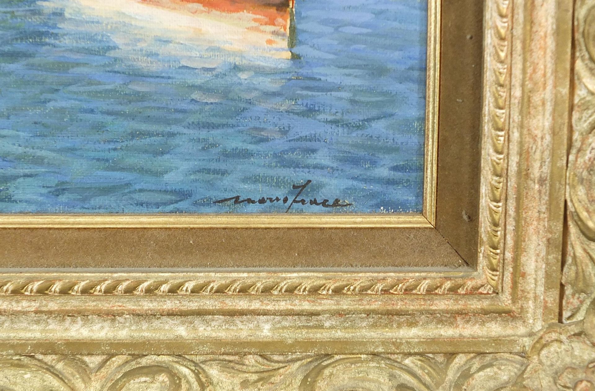 Mario Irace - Moored boats beside villas, Italian oil on canvas, with booklet, mounted and framed, - Image 3 of 6