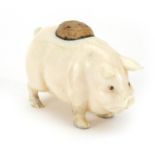 Carved ivory pin cushion in the form of a pig, 6.5cm in length