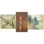 Asian street scene, landscape and a portrait of a female, three watercolours, one signed Takeshi,