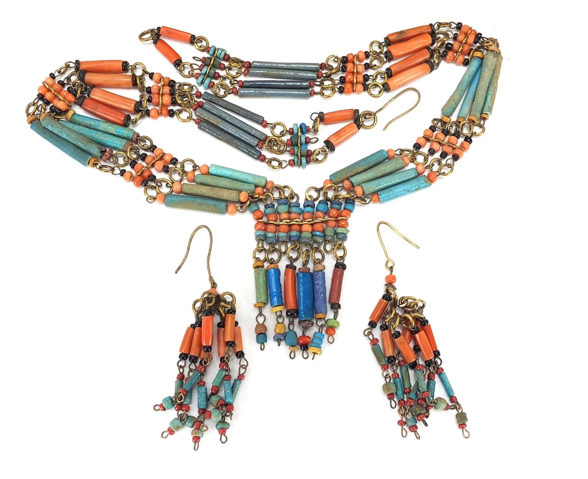 Egyptian Revival fiance type jewellery comprising a necklace and pair of earrings, the largest