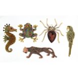 Five jewelled animal and insect brooches including frog and seahorse, the largest 7cm in length