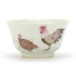 Chinese porcelain bowl finely hand painted in the famille rose palette with chickens and chicks, six