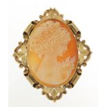 Large 9ct gold mounted cameo maiden head brooch, 6.5cm high, 21.4g