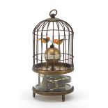 Brass clockwork automaton bird cage alarm clock, 18cm high