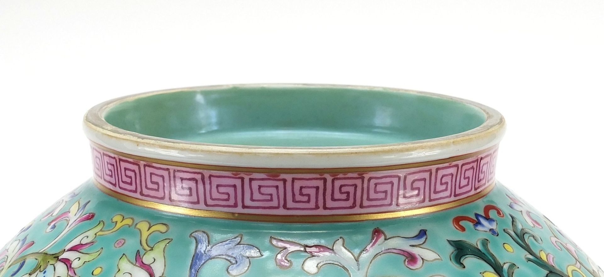 Large Chinese porcelain turquoise ground vase, finely hand painted in the famille rose palette - Image 11 of 11