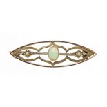 Unmarked gold cabochon opal and seed pearl bar brooch, 4cm wide, 2.7g