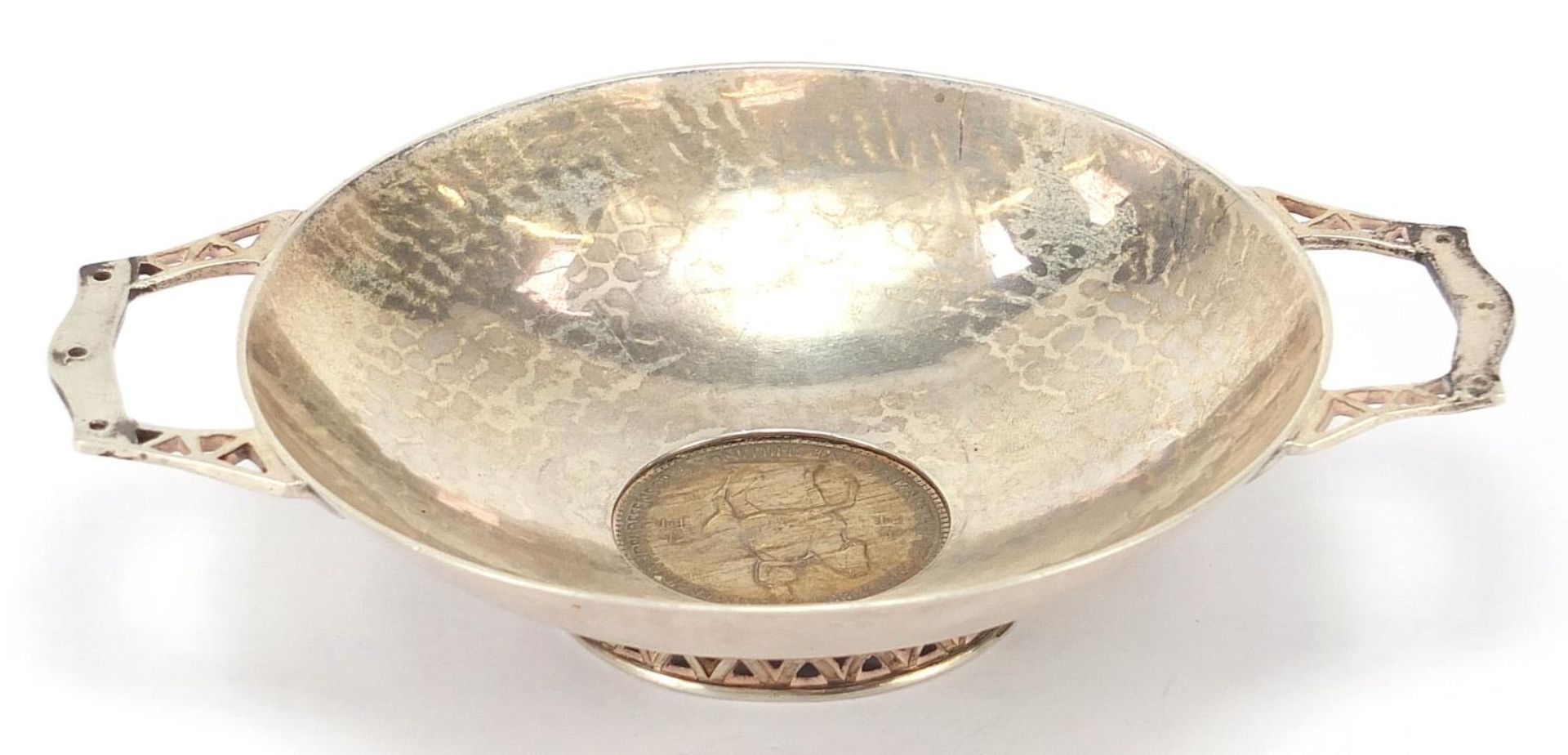 Thomas Bradbury & Sons Ltd, Arts & Crafts circular silver shallow dish with twin handles set with - Image 2 of 4