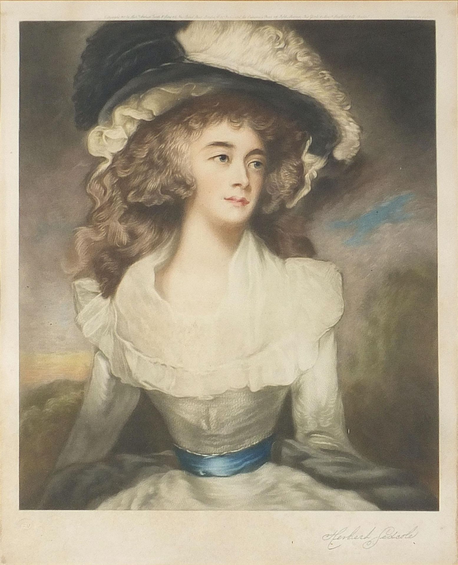 Herbert Sedcote - Portrait of a lady wearing a hat, pencil signed print in colour, embossed blind