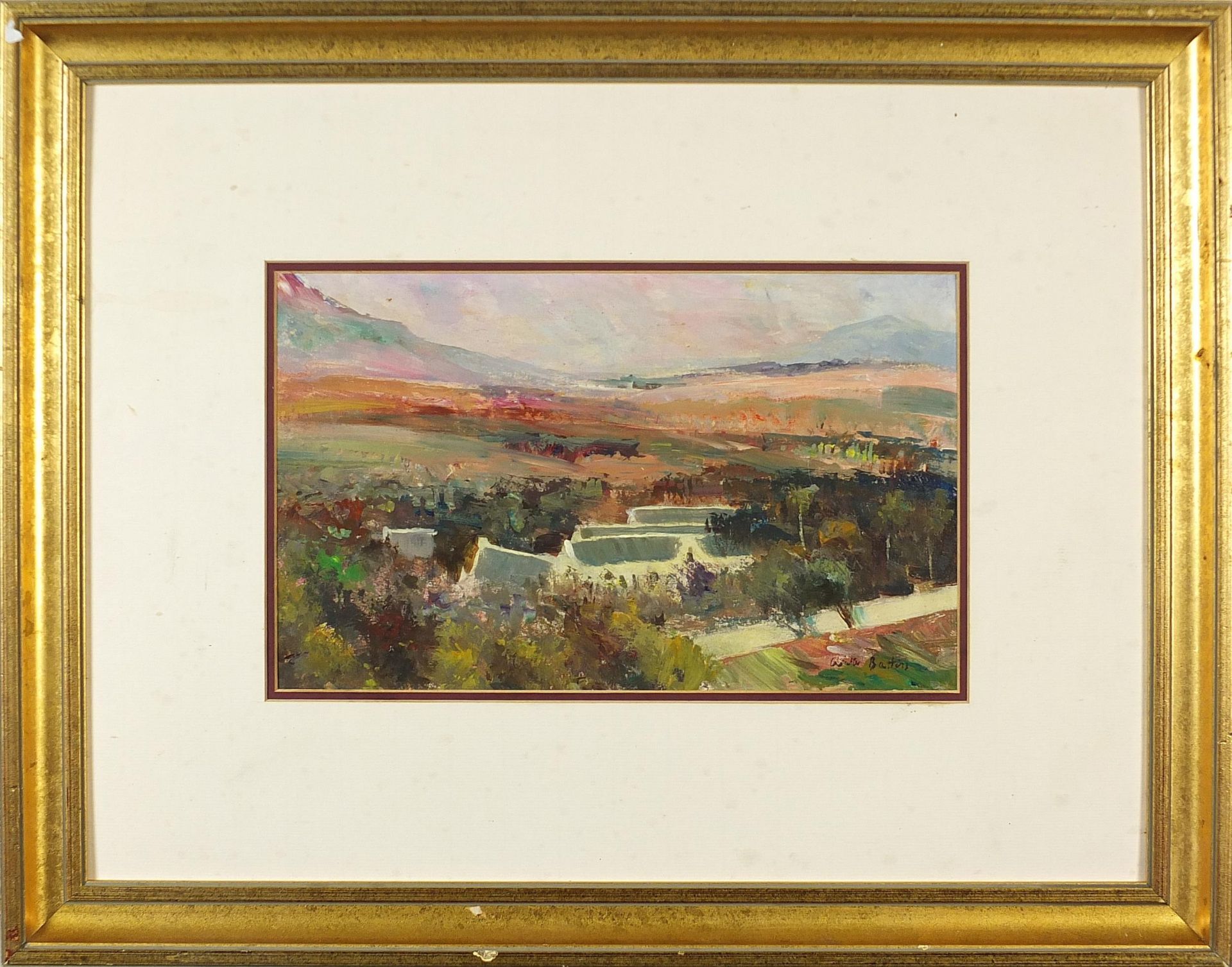Panoramic landscape, oil on board, bearing an indistinct signature, mounted and framed, 33.5cm x - Bild 2 aus 4