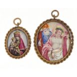 Two antique oval enamel panels housed in pendant mounts including one hand painted with Madonna