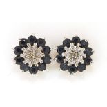 Pair of 9ct white gold sapphire and diamond cluster stud earrings, 1.2cm in diameter, 4.4g