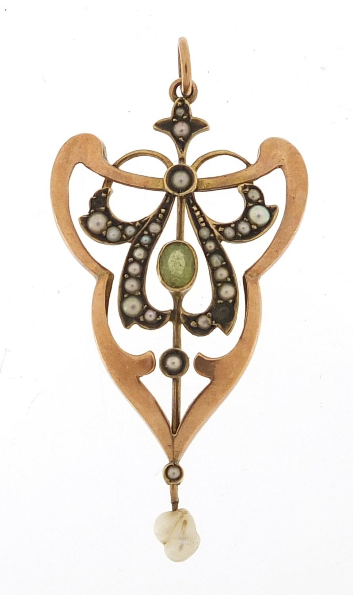 Art Nouveau 9ct gold peridot and seed pearl pendant, 4.5cm high, 2.5g