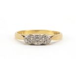 18ct gold diamond three stone ring, size M, 2.4g