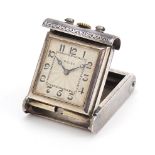 Rolex, Art Deco sterling silver cased travel watch with engine turned decoration, the case