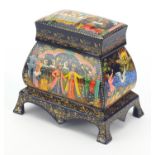 Russian lacquered box and cover hand painted with religious scenes, 10cm high