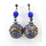 Pair of Chinese silver coloured metal and enamel drop earrings, 3.5cm high, 10.0g