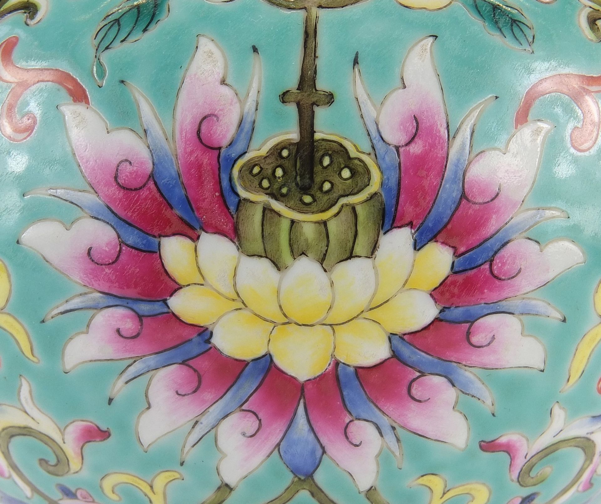Large Chinese porcelain turquoise ground vase, finely hand painted in the famille rose palette - Image 2 of 11