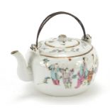 Chinese porcelain teapot with metal twist handle, hand painted in the famille rose palette with