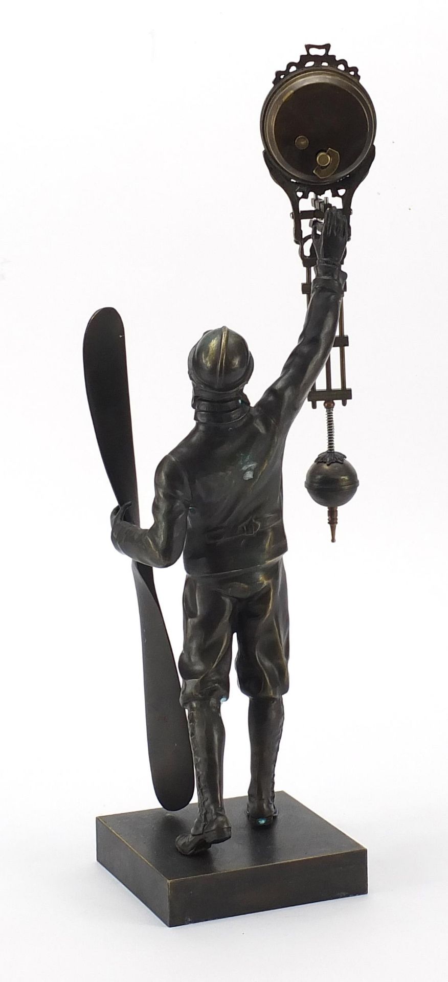 Patinated bronze military interest mystery clock in the form of a pilot, 37cm high - Image 3 of 4