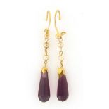 Pair of 9ct gold amethyst and seed pearl drop earrings, 3cm high, 2.0g