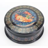 Russian lacquered box and cover, hand painted with horses pulling a troika, 7.5cm in diameter