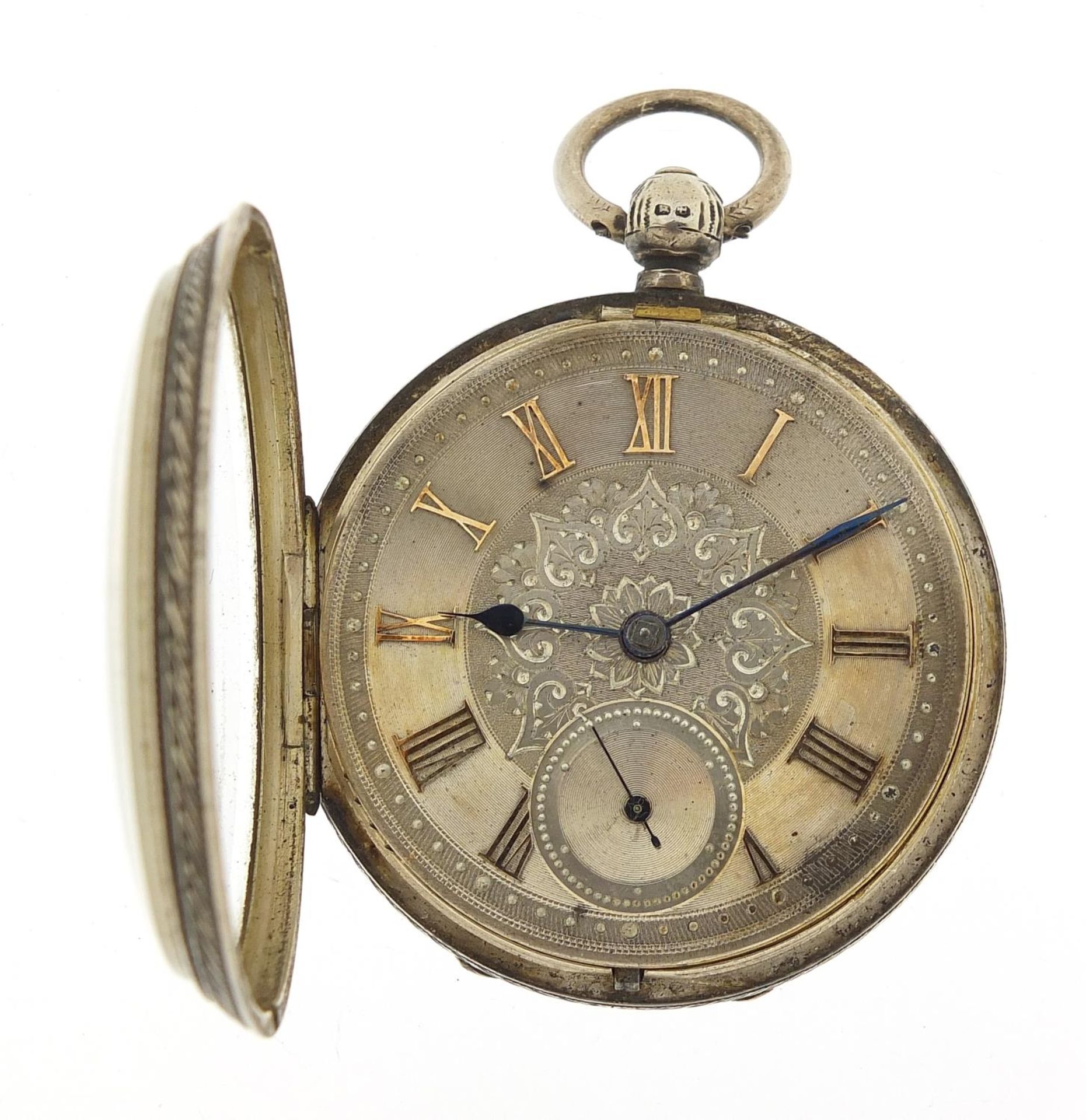 Victorian gentlemen's silver open face pocket watch with ornate silvered dial, the fusee movement - Image 2 of 8