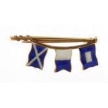 9ct gold and enamel yachting interest flag brooch, retailed by Benzie of Cowes, 3.5cm wide, 4.3g
