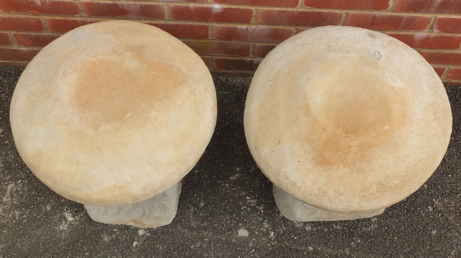Pair of stoneware garden toadstool seats, 45cm high - Image 2 of 3