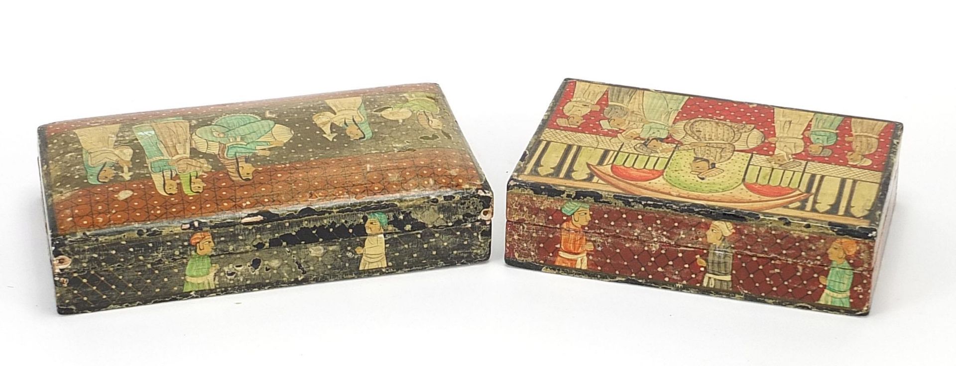 Two Indian Kashmir lacquered boxes and covers hand painted with figures praying, one with paper - Image 3 of 6