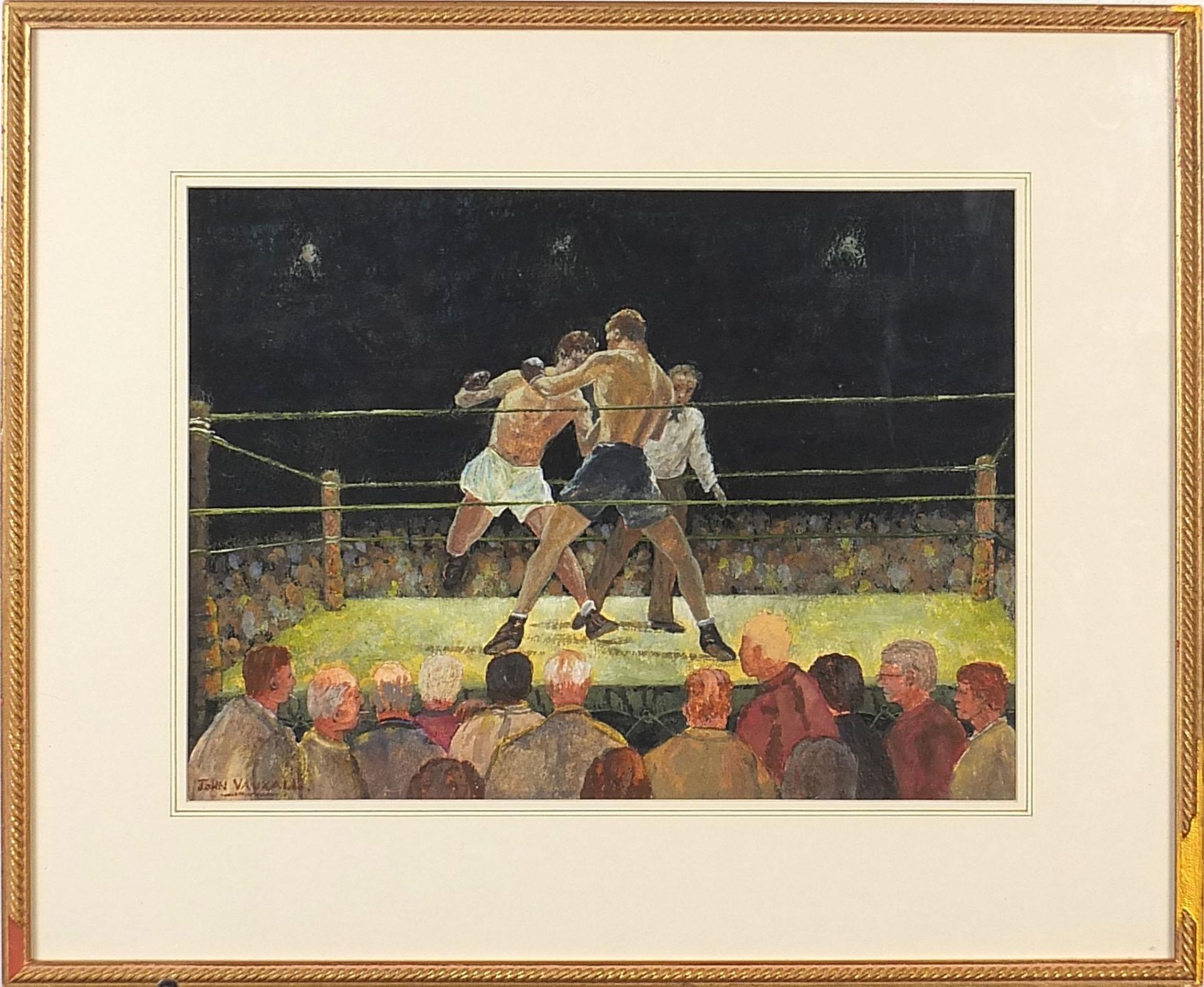 John Vauxall - Boxers in the ring, Tunney V Dempsey, signed watercolour, mounted, framed and glazed, - Image 2 of 4
