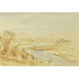 River landscape before hills, watercolour, monogrammed V W and indistinctly inscribed in ink,