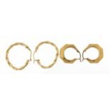 Two pairs of 9ct gold hoop earrings, 2.5cm and 1.7cm in diameter, 2.6g