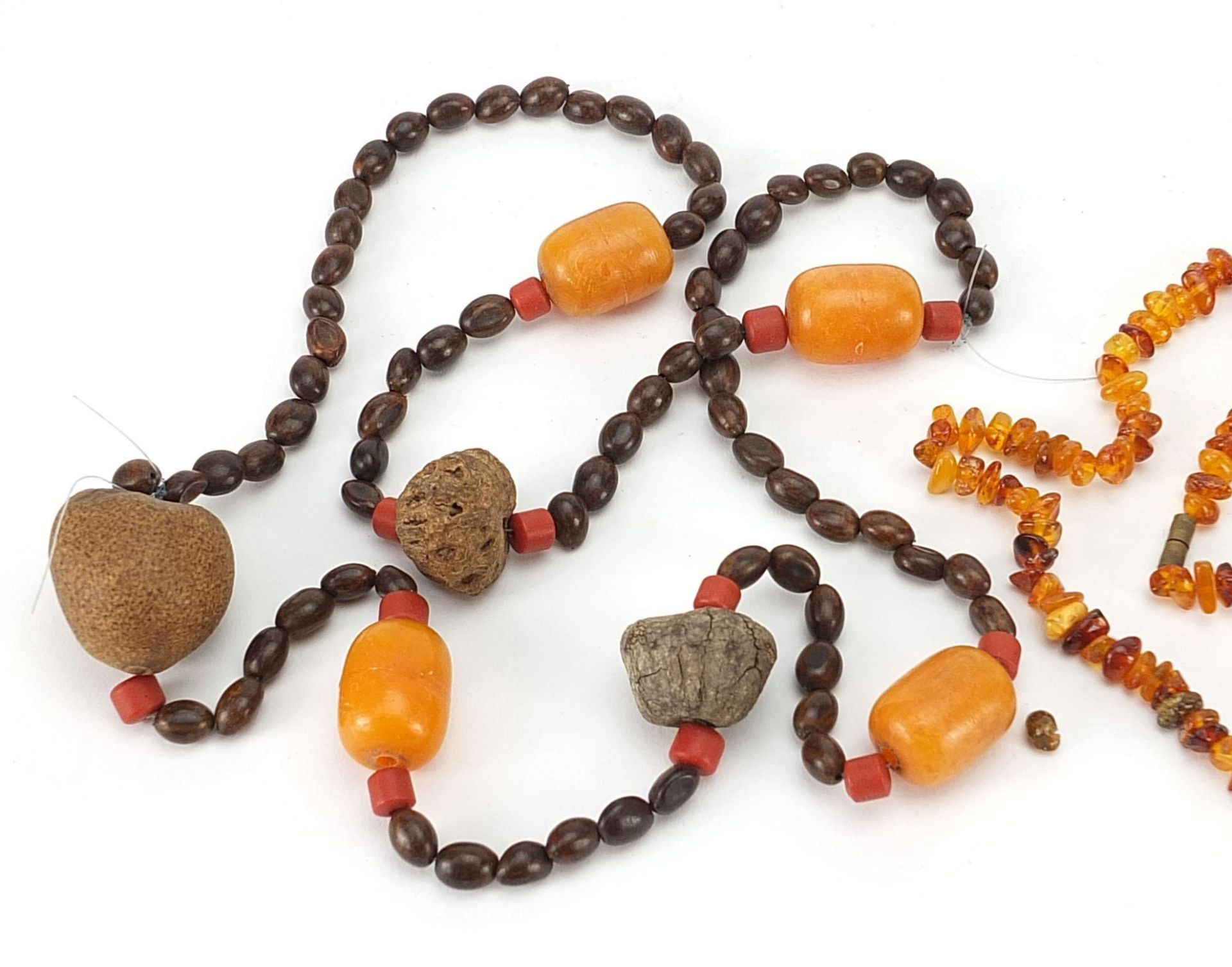 Two amber coloured necklaces and a nut necklace, the largest 80cm in length, total 142.6g - Image 2 of 4