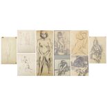 Nude figural studies and life drawings, nine ink, charcoal and pencil drawings, unframed, the