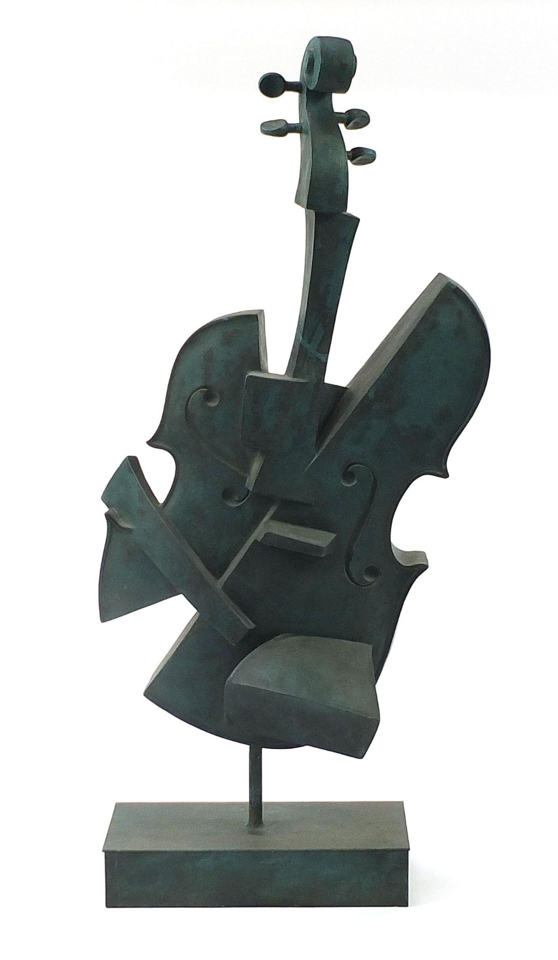 Large modernist patinated bronze floor standing sculpture of a double base, 99cm high