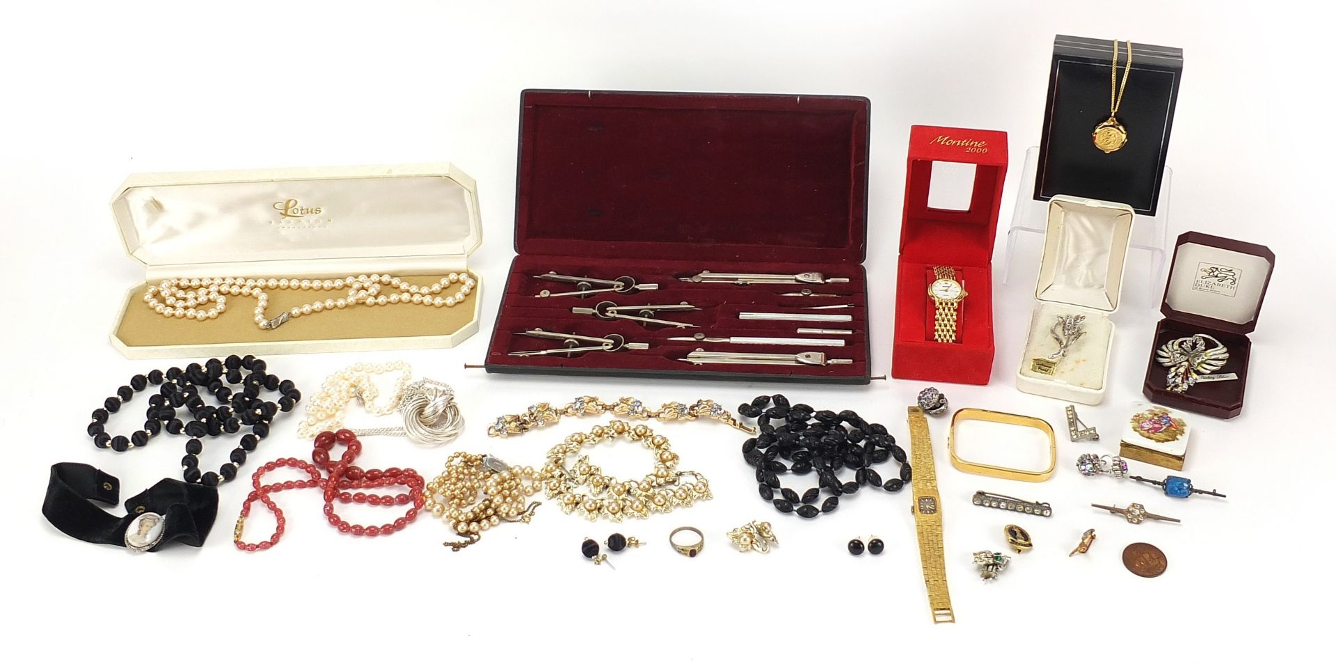 Vintage and later costume jewellery including ladies wristwatches, simulated pearls in a Lotus